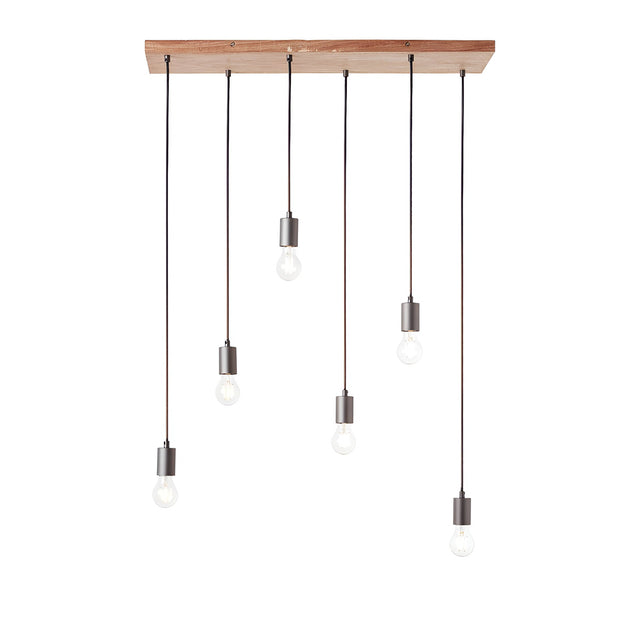 Endon Cliffwell 6 light linear pendant with natural oak plywood bar and six anthracite lampholders on adjustable black flex with exposed filament bulbs.