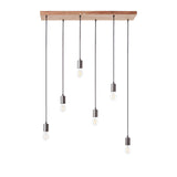 Endon Cliffwell 6 light linear pendant with natural oak stained wood bar and anthracite lampholders on staggered black flex with exposed filament bulbs.