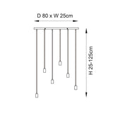 Dimension diagram of the Endon Cliffwell 6 Light Linear Pendant showing 80cm length, 25cm width, and adjustable 25-125cm drop height.