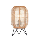 Endon Daneshaw table lamp with a lantern-shaped natural linen and bamboo woven shade on a matt black metal tripod base, shown on a white background.