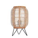 Endon Daneshaw table lamp with a woven natural linen and bamboo shade on a matt black metal hairpin base, shown against a plain white background.