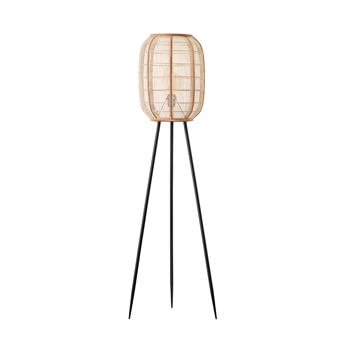 Daneshaw Floor Lamp in black and natural with a lantern-shaped woven bamboo and linen shade on a matt black tripod base.