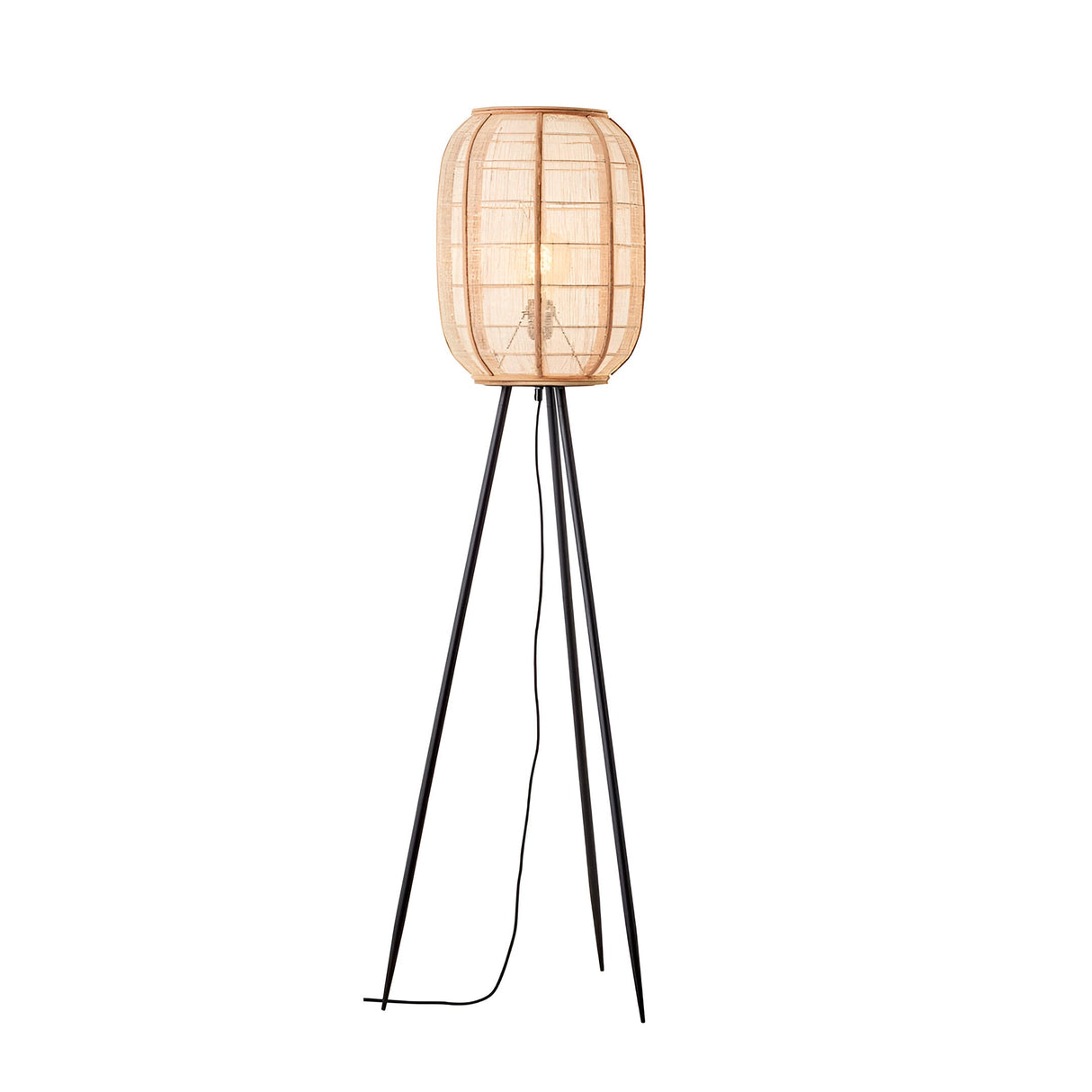 Daneshaw Floor Lamp with a natural woven bamboo and linen lantern shade on a matt black tripod base, shown lit against a white background.