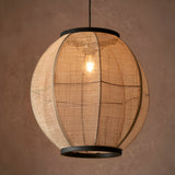 Daneshaw Pendant Light in Black & Natural, a spherical natural linen fabric shade with matt black metal trim and visible E27 bulb, on a plain brown background.