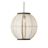 Daneshaw Pendant Light in black and natural, a spherical linen shade with matt black metal trim and E27 bulb, shown on a plain white background.