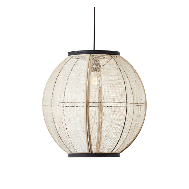 Daneshaw Pendant Light in black and natural, a spherical linen shade with matt black metal trim and E27 bulb, shown on a plain white background.