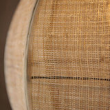 Close-up of the Daneshaw pendant light's natural linen shade with woven texture, showing black metal trim and wood detailing.
