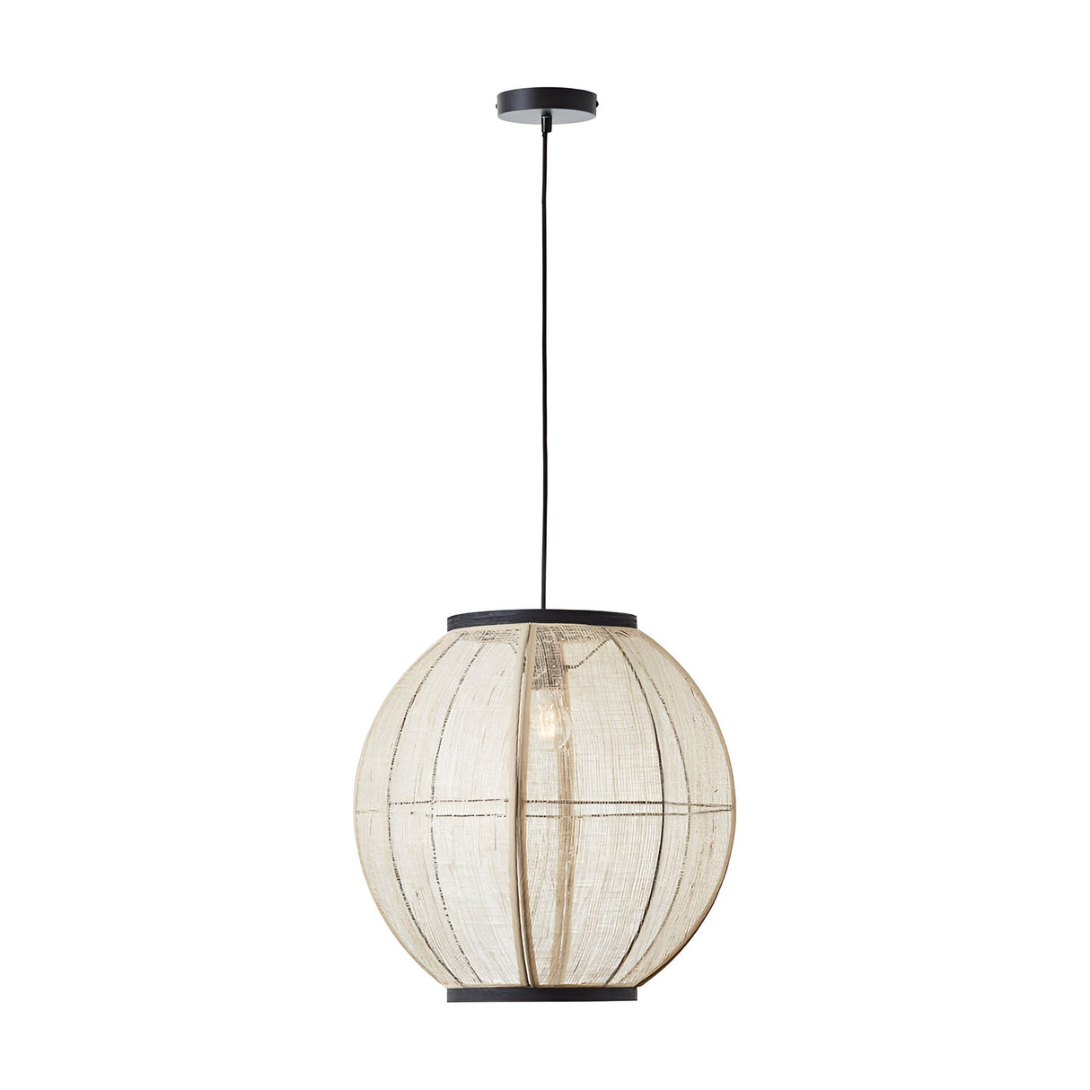 Daneshaw Pendant Light in black and natural, a spherical natural linen shade with black metal trim and cord, shown on a plain white background.