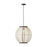 Daneshaw Pendant Light in black and natural, a spherical natural linen shade with black metal trim and cord, shown on a plain white background.