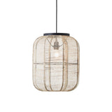 Endon Daneshaw pendant with a rounded handmade natural linen shade, matt black metal frame and black fabric flex, on a plain white background.