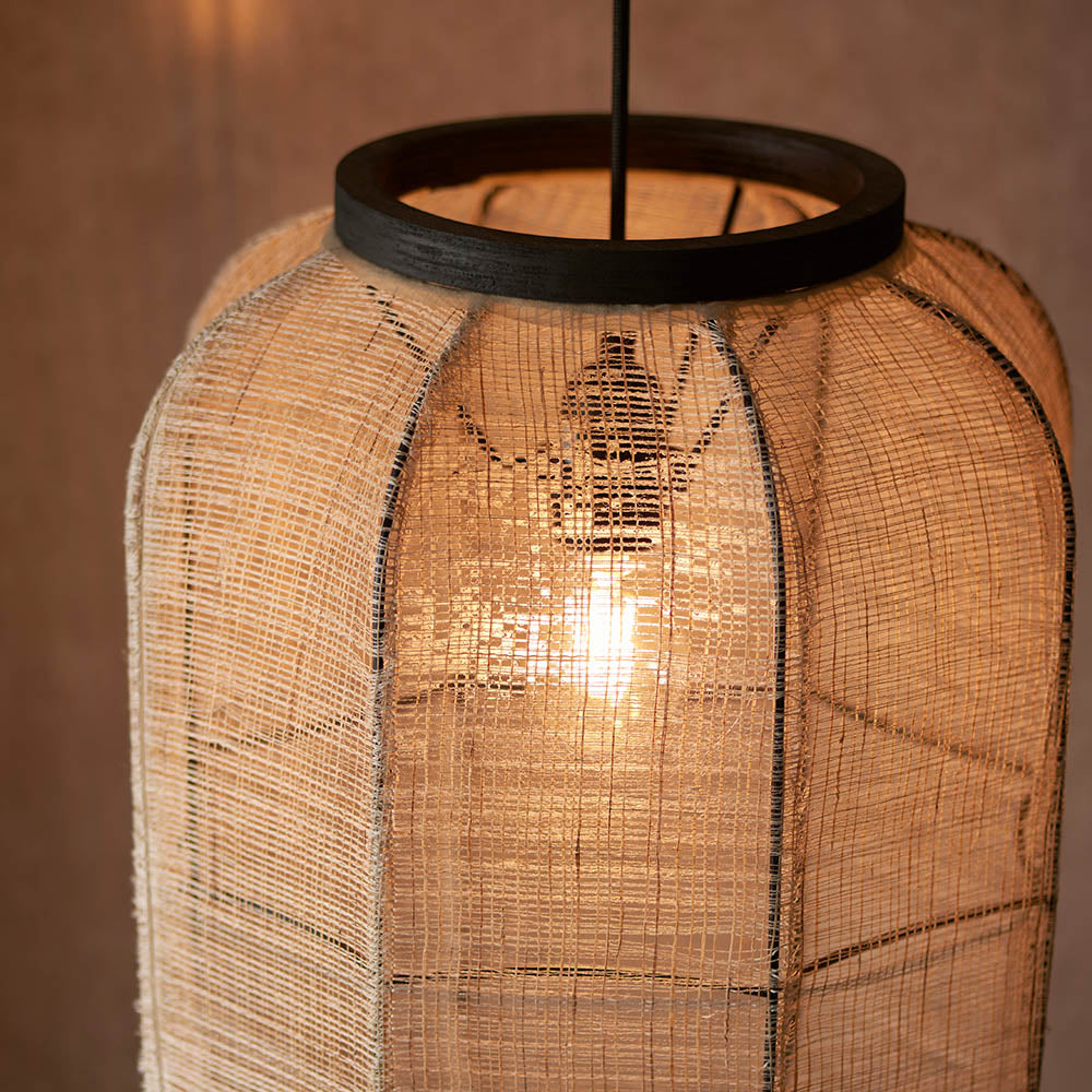 Endon Daneshaw pendant light with a handmade natural linen shade, matt black wooden ring top and black fabric flex, lit by a single E27 bulb.