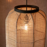 Endon Daneshaw pendant light with a handmade natural linen shade, matt black wooden ring top and black fabric flex, lit by a single E27 bulb.