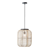 Endon Daneshaw pendant light with a rounded natural linen shade on matt black metalwork and black fabric flex, shown on a plain white background.