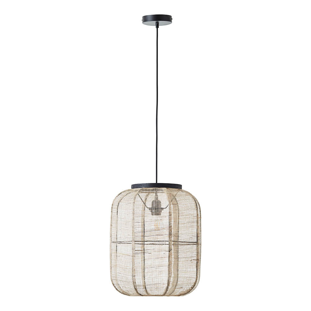 Endon Daneshaw pendant light with a rounded natural linen shade on matt black metalwork and black fabric flex, shown against a plain white background.