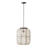 Endon Daneshaw pendant light with a rounded natural linen shade on matt black metalwork and black fabric flex, shown against a plain white background.