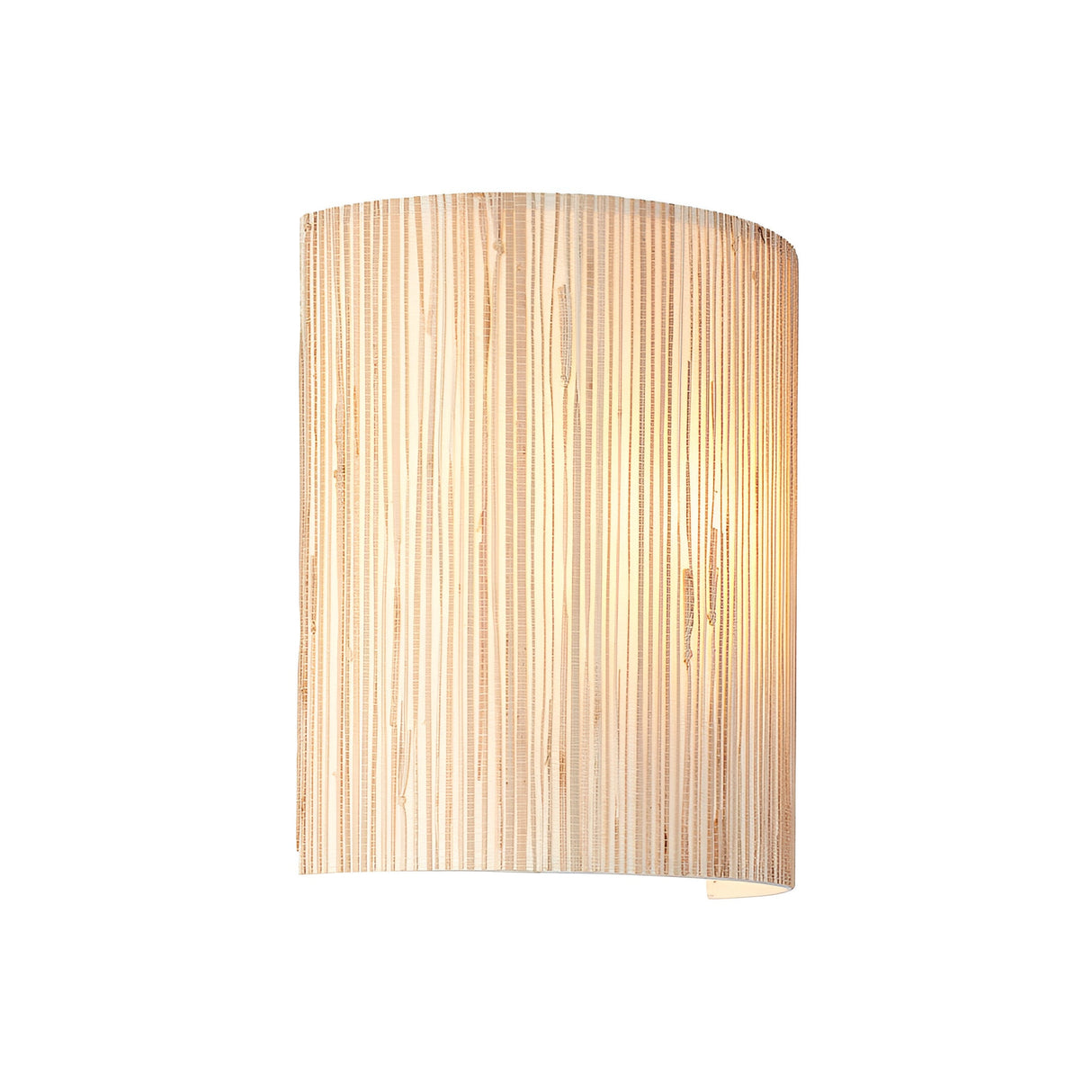 Endon Salcombe wall light with a woven natural seagrass half-cylinder shade, illuminated to show its vertical texture, on a plain white background.