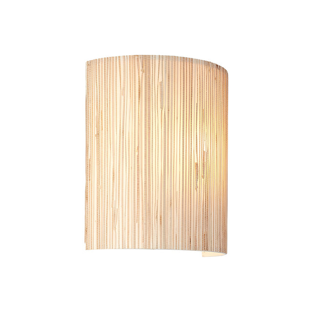 Endon Salcombe wall light with a woven natural seagrass half-cylinder shade, illuminated to show its vertical texture, on a plain white background.