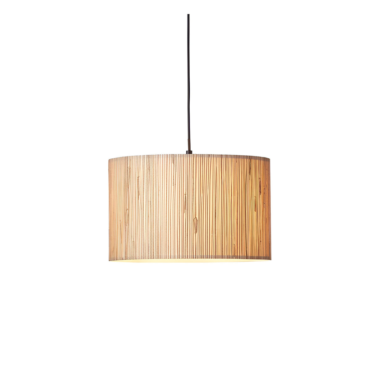 Salcombe Pendant Light with woven natural seagrass drum shade and black cable and fitting, shown on a plain white background.