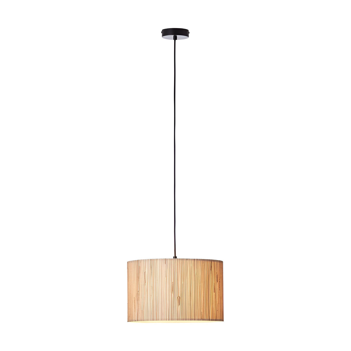 Salcombe Pendant Light in black and natural, single fixture with woven seagrass drum shade on matt black cable and ceiling rose, plain white background.