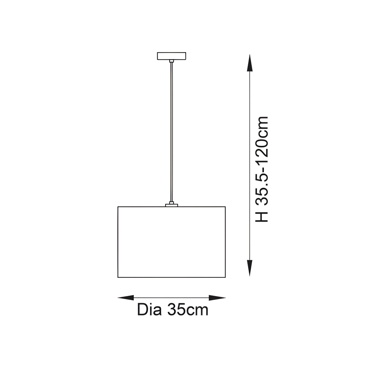 Line drawing of the Salcombe pendant light showing a drum shade, black ceiling cup and cable, with dimensions H 35.5-120cm and Dia 35cm.