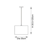 Line drawing of the Salcombe pendant light showing a drum shade, black ceiling cup and cable, with dimensions H 35.5-120cm and Dia 35cm.