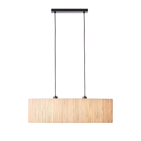 Endon Salcombe 2 light linear pendant with matt black bar and cables suspending a woven natural seagrass oval shade, shown on a white background.
