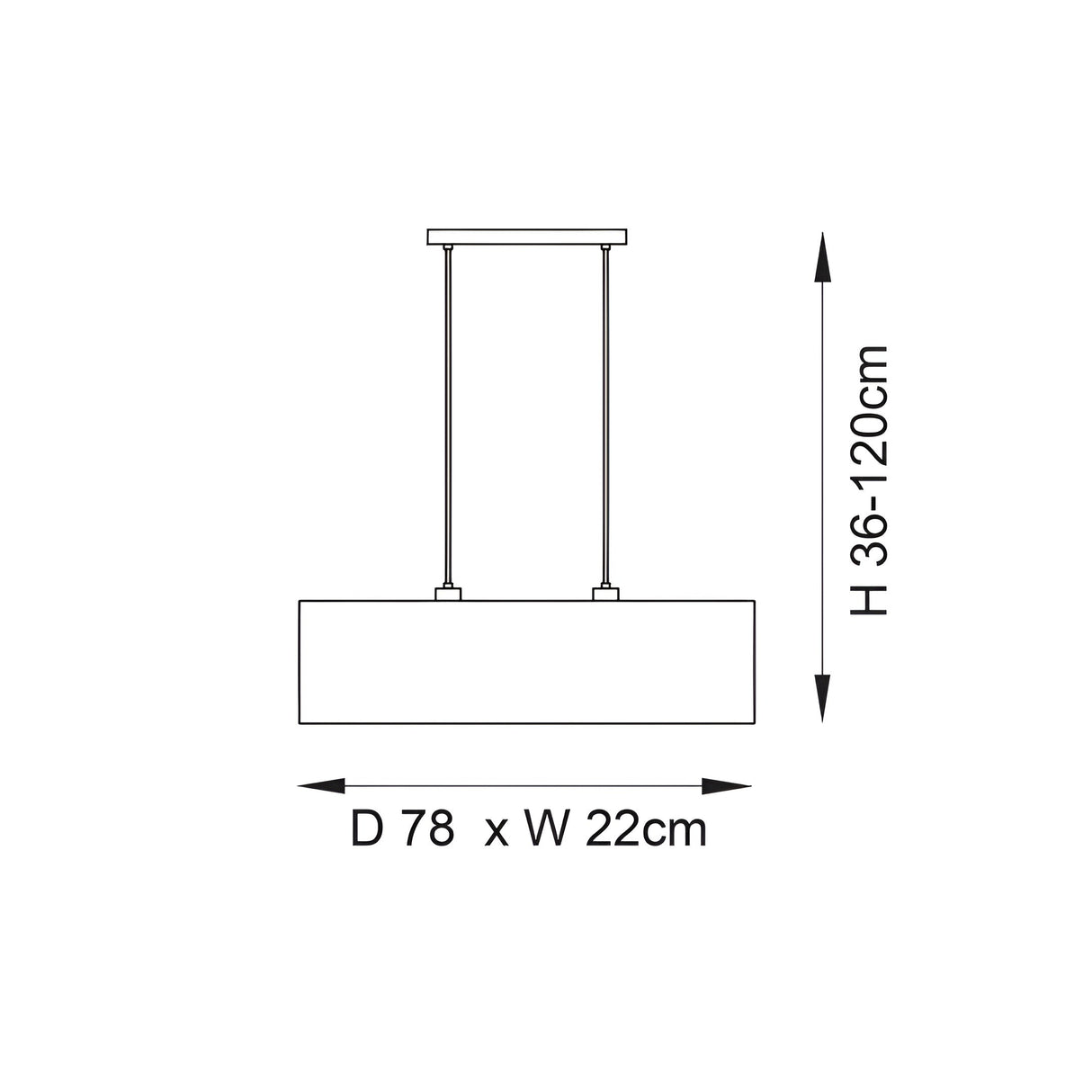 Dimensions diagram for Endon Salcombe 2 light linear pendant showing 78cm length, 22cm width and adjustable 36-120cm drop on a white background.