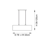 Dimensions diagram for Endon Salcombe 2 light linear pendant showing 78cm length, 22cm width and adjustable 36-120cm drop on a white background.