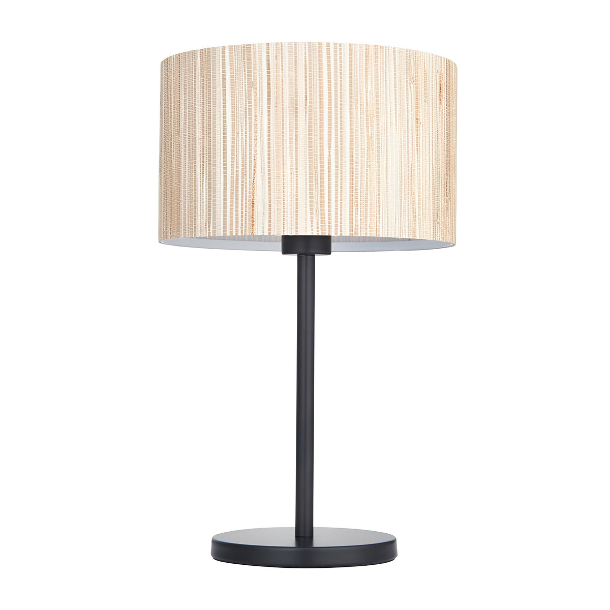 Salcombe Table Lamp with a woven natural seagrass drum shade on a matt black metal base and stem, shown on a plain white background.