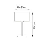 Line diagram of the Salcombe Table Lamp showing a rectangular shade on a black metal base, with dimensions 25cm diameter and 41cm height.