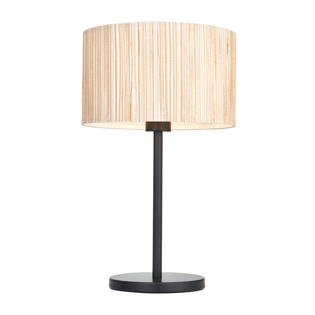 Salcombe Table Lamp with a natural woven seagrass drum shade on a matt black metal stem and round base, set against a plain white background.