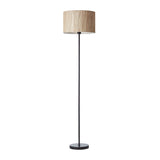 Endon Salcombe floor lamp with slim matt black stem, round base and woven natural seagrass drum shade, shown on a plain white background.