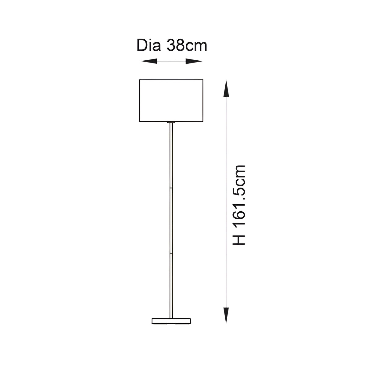 Dimension diagram of the Endon Salcombe floor lamp showing a 38cm diameter drum shade and 161.5cm height on a plain white background.