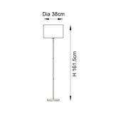 Dimension diagram of the Endon Salcombe floor lamp showing a 38cm diameter drum shade and 161.5cm height on a plain white background.