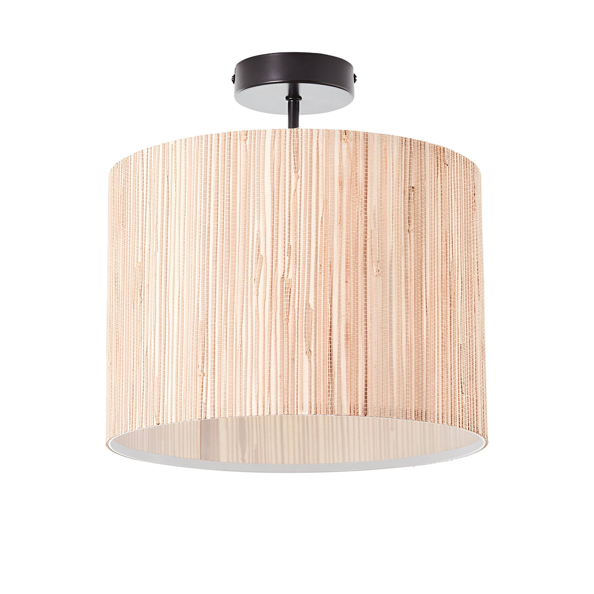 Endon Salcombe semi-flush ceiling light with a woven seagrass drum shade on a matt black metal fitting, shown against a plain white background.