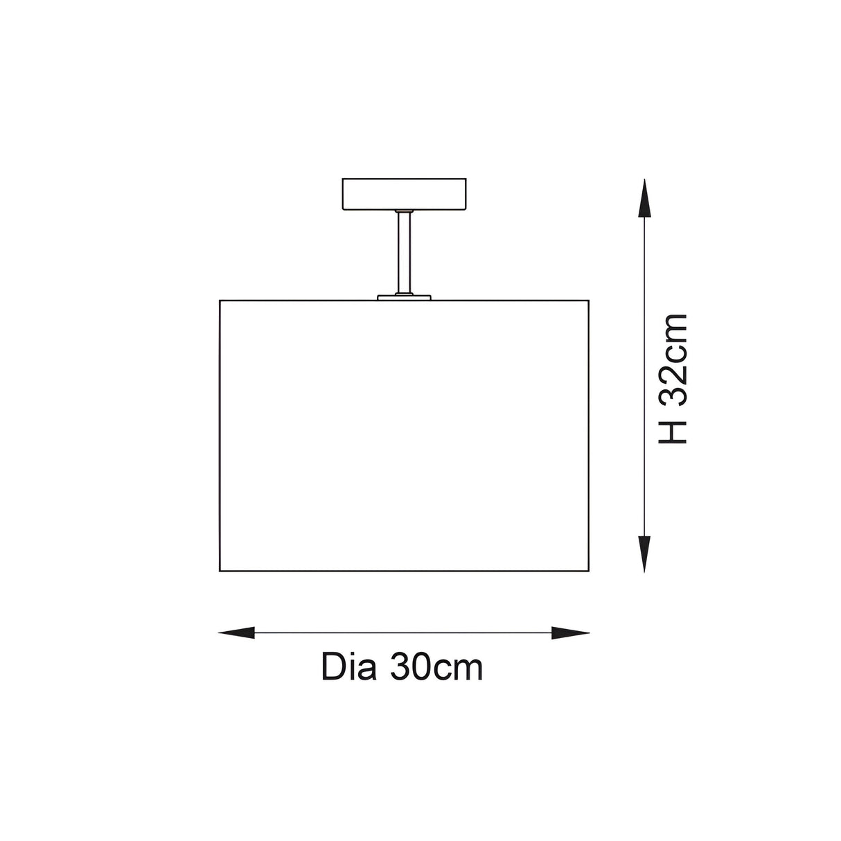 Dimension diagram of the Endon Salcombe semi-flush ceiling light showing a 30cm diameter cylindrical shade and 32cm height on a plain background.
