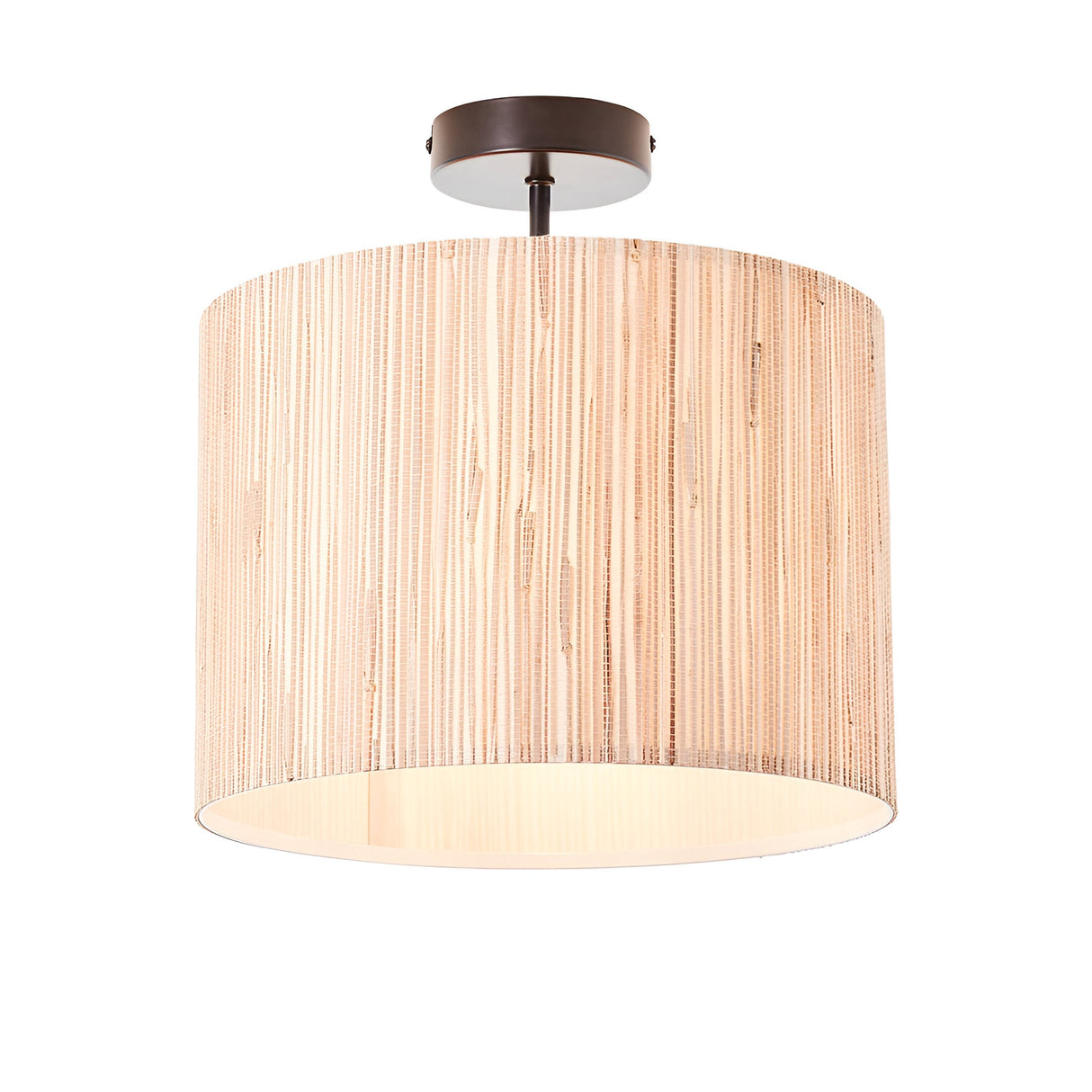 Endon Salcombe semi-flush ceiling light with a woven seagrass drum shade on a matt black metal frame, illuminated against a white background.