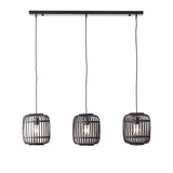Endon Bracken 3 light linear pendant with three matt black bamboo cage shades and E27 filament bulbs on adjustable flex, shown on white.