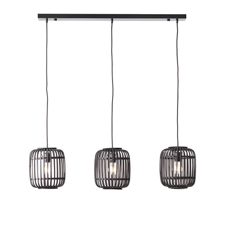 Endon Bracken 3 light linear pendant with three matt black bamboo cage shades and E27 filament bulbs on adjustable flex, shown on white.