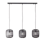 Endon Bracken 3 light linear pendant with three black bamboo cage shades on adjustable flex from a matt black bar, shown on a white background.