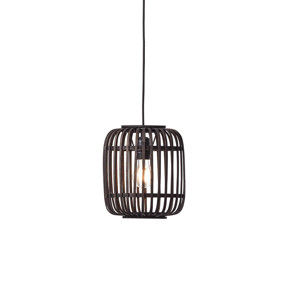 Bracken Pendant Light in black, a single-bulb fitting with an open bamboo cage shade on black flex, shown against a plain white background.