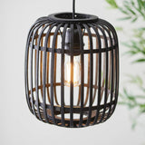Bracken black bamboo cage pendant light with exposed E27 filament bulb and matt black metalwork, hanging on black flex.