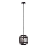 Bracken Pendant Light in black, single E27 fixture with open bamboo cage shade on adjustable black flex, shown on a plain white background.