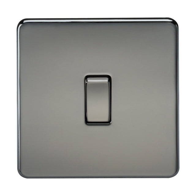 The 10AX 1 Gang Intermediate Switch in Black Nickel features a screwless design with a smooth, shiny square plate and rounded edges. The black nickel finish is reflective, and the switch is perfectly centered.