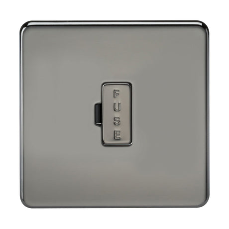 A 13A Fused Spur Unit in Black Nickel offers a metallic, screwless low-profile design with FUSE centered on the sleek plate, showcasing a simple modern appeal.