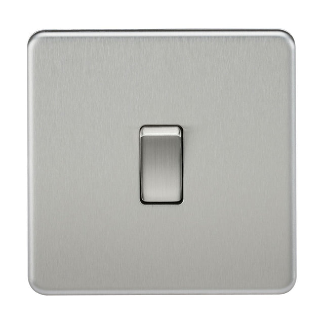 A 20A 1 Gang DP Switch in brushed chrome on a white background. The design is simple and modern, showcasing a rectangular toggle centered within a square plate with a screwless finish for an elegant appearance.