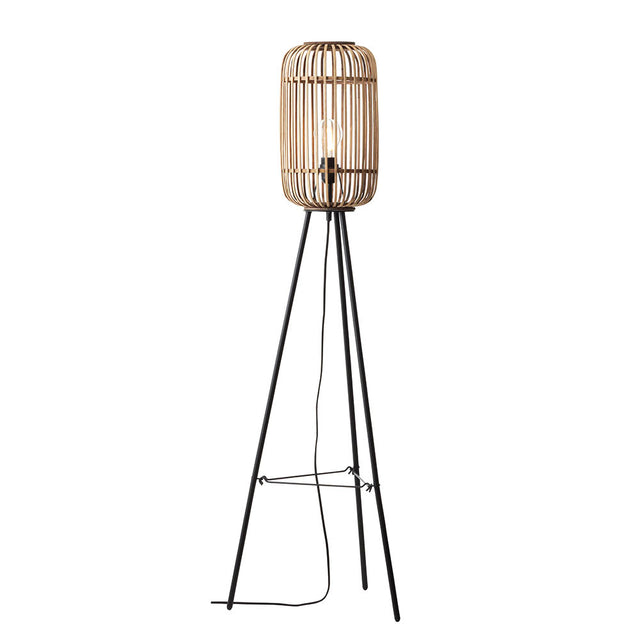 Bracken Floor Lamp with a natural bamboo cage shade and E27 bulb, set on a matt black tripod base, shown on a plain white background.