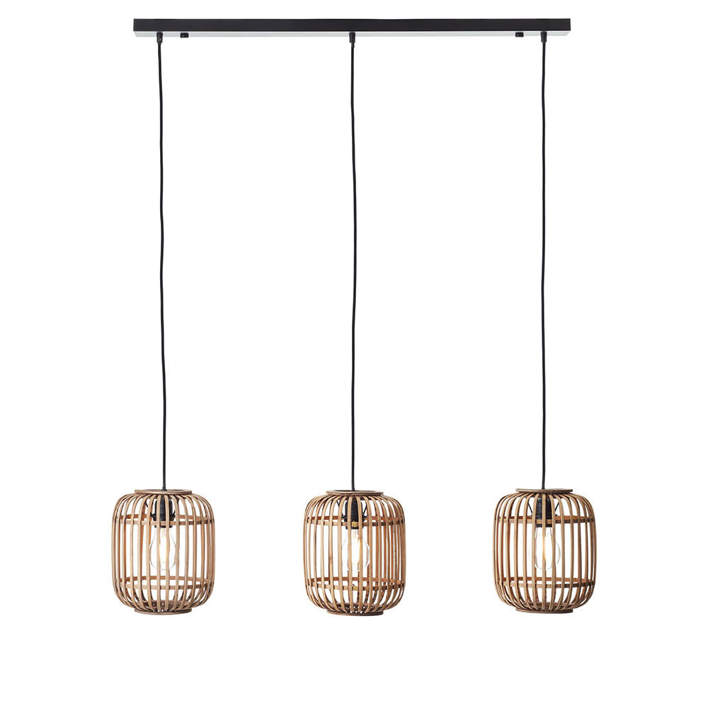 Endon Bracken 3 light linear pendant with natural bamboo cage shades and matt black bar and flex, shown on a white background.