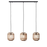 Endon Bracken 3 light linear pendant with natural bamboo cage shades and matt black bar and flex, shown on a white background.