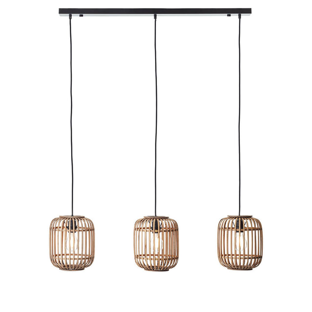 Endon Bracken 3 light linear pendant with natural bamboo cage shades and matt black bar and flex, shown on a white background.